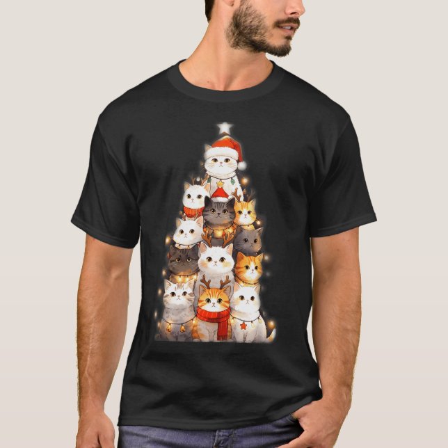 Cute Christmas Cats Tree Lights Holiday Kittens Il T Shirt (Framsida)