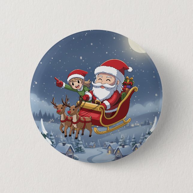 Cute Christmas Chibi Santa and Elf button Knapp (Framsida)