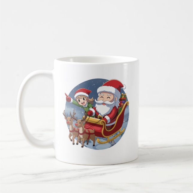 Cute Christmas Chibi Santa and Elf – Holiday Illus Kaffemugg (Vänster)