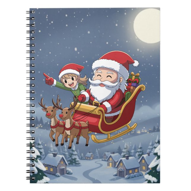 Cute Christmas Chibi Santa and Elf Notebook Anteckningsbok (Framsidan)