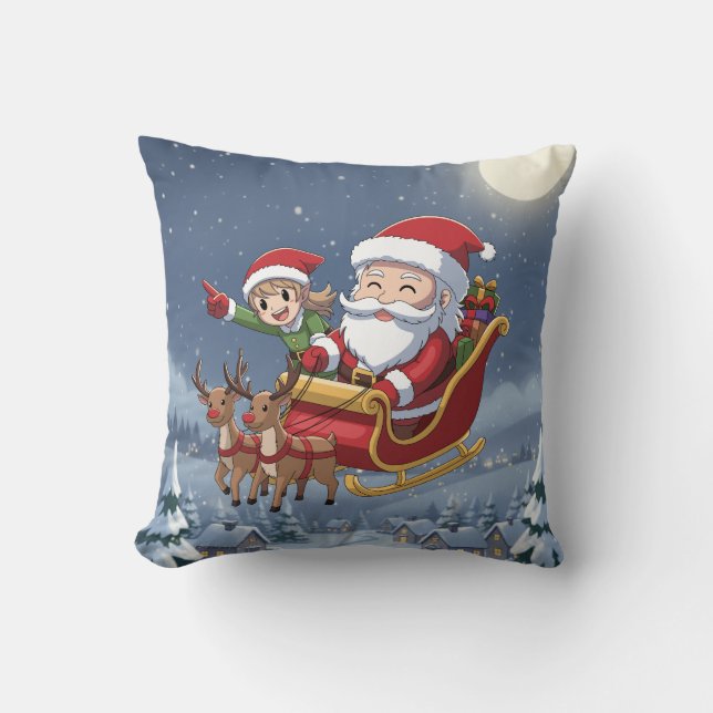 Cute Christmas Chibi Santa and Elf Pillow Kudde (Framsida)