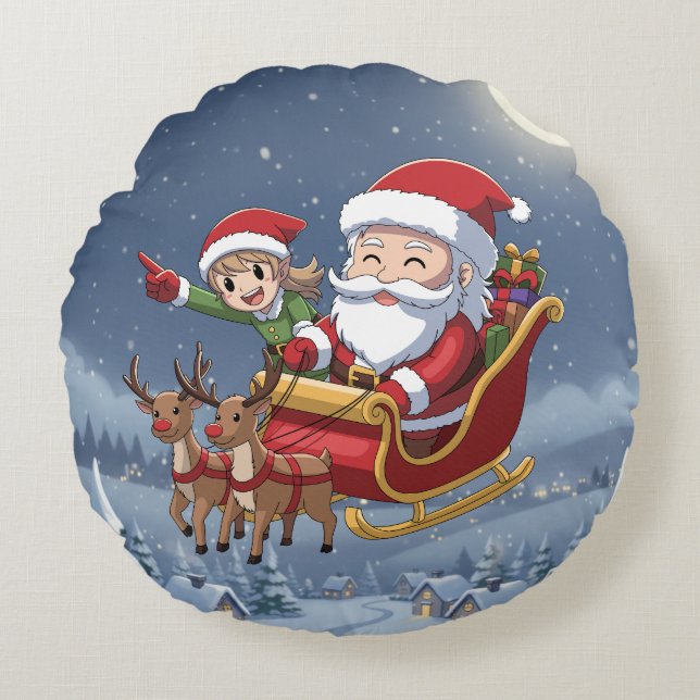 Cute Christmas Chibi Santa and Elf Round Pillow Rund Kudde (Framsidan)