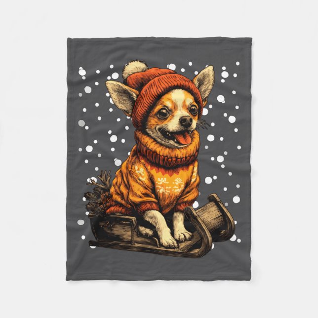 Cute Christmas Chihuahua Sledding In Snow Funny Wi Fleecefilt (Framsidan)