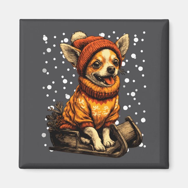 Cute Christmas Chihuahua Sledding In Snow Funny Wi Magnet (Framsidan)