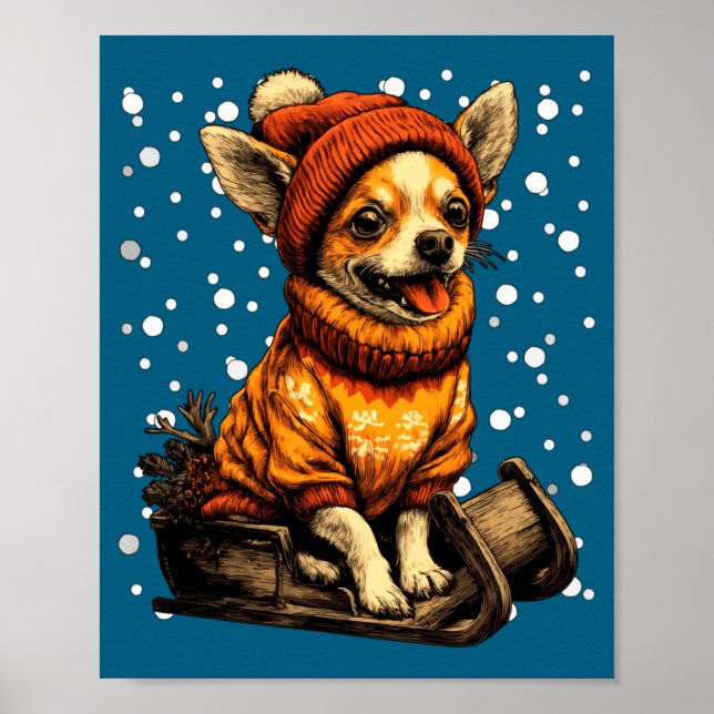 Cute Christmas Chihuahua Sledding In Snow Funny Wi Poster (Framsidan)