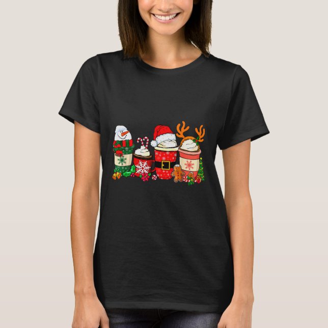 Cute Christmas Coffee Shirt Snowman Deer Santa Cof T Shirt (Framsida)