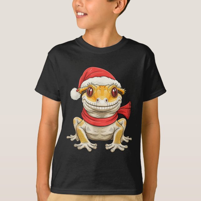 Cute Christmas Crested Gecko Santa  T Shirt (Framsida)