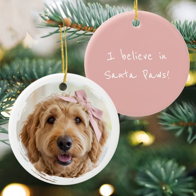Cute Christmas Custom Photo Dog Pet Modern Pink Julgransprydnad Keramik (Skapare uppladdad)