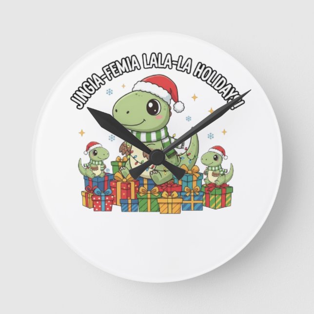 Cute Christmas Dino Family – Festive Holiday Gifts Rund Klocka (Framsida)
