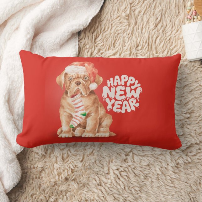 Cute Christmas Dog Pillow – Happy New Year Red Lumbarkudde (Filt)