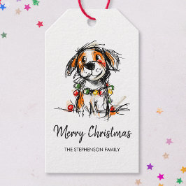 Cute Christmas Dog Sketch Illustration Presentetikett