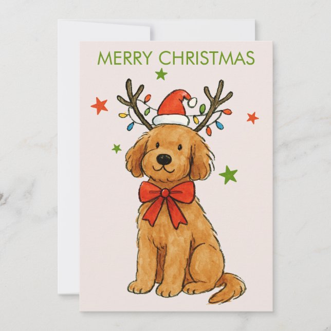 Cute Christmas Dog with Santa Hat & Lights  Julkort (Framsida)