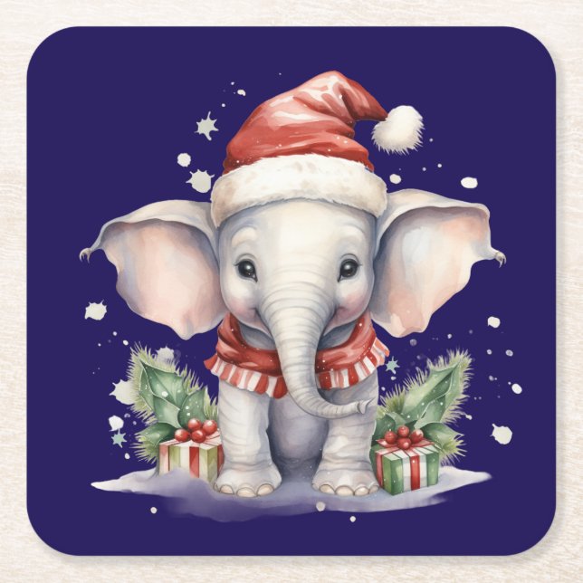 Cute Christmas Elephant Underlägg Papper Kvadrat (Framsidan)