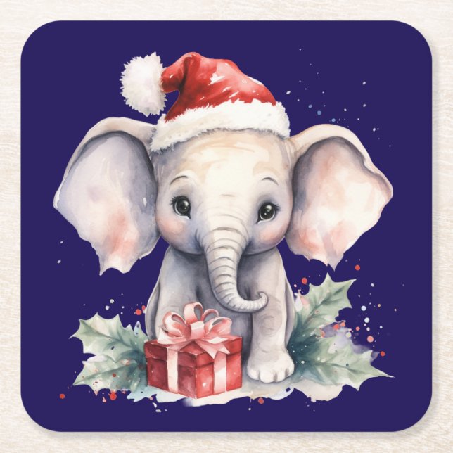 Cute Christmas Elephant Underlägg Papper Kvadrat (Framsidan)
