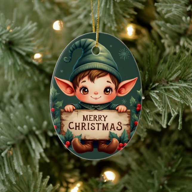 Cute Christmas Elf Holding Merry Sign Green Julgransprydnad Keramik (Träd)