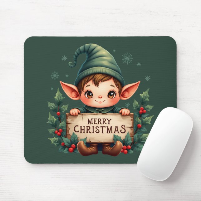 Cute Christmas Elf Holding Merry Sign Green Musmatta (Med mus)