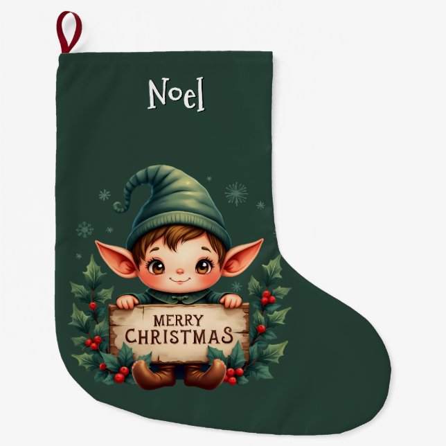 Cute Christmas Elf Holding Merry Sign Green Stor Julstrumpa (Framsidan)