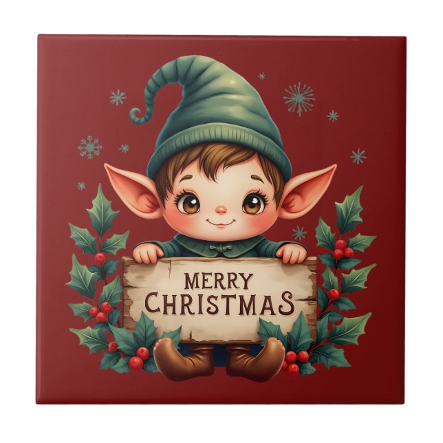 Cute Christmas Elf Holding Merry Sign Kakelplatta (Framsidan)