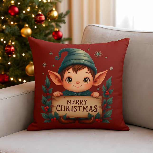 Cute Christmas Elf Holding Merry Sign Red Kudde (Cute Christmas Elf Holding Merry Sign Red Throw Pillow)