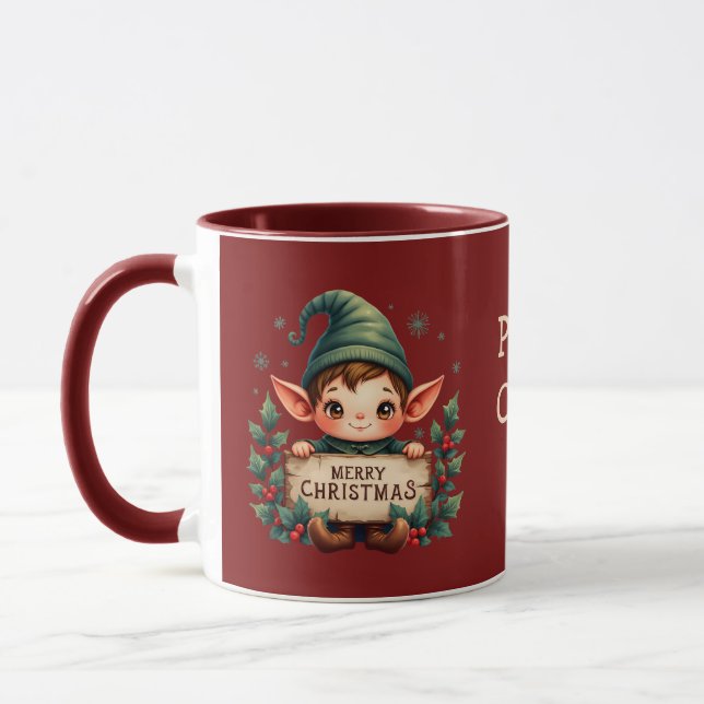 Cute Christmas Elf Holding Merry Sign Red Mugg (Vänster)