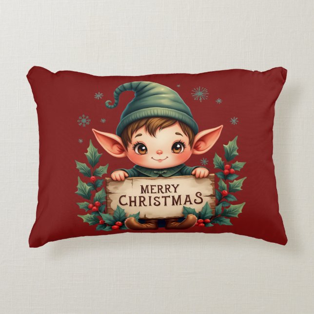 Cute Christmas Elf Holding Merry Sign Red Prydnadskudde (Framsidan)