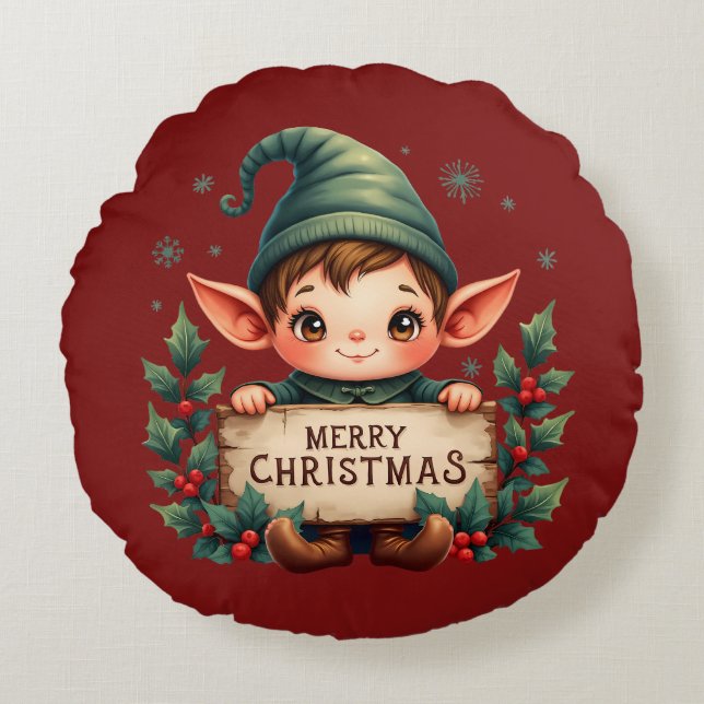 Cute Christmas Elf Holding Merry Sign Red Rund Kudde (Framsidan)