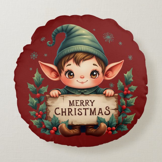 Cute Christmas Elf Holding Merry Sign Rund Kudde (Framsidan)