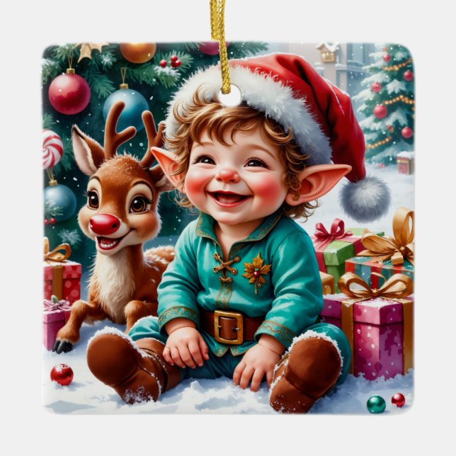 Cute Christmas Elf & Reindeer  Julgransprydnad Keramik (Framsida)