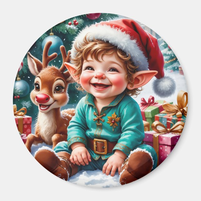 Cute Christmas Elf & Reindeer  Magnet (Framsidan)