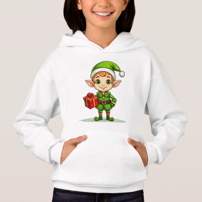 Cute Christmas Elf with Gift – Holiday Hoodie T Shirt (Framsida)