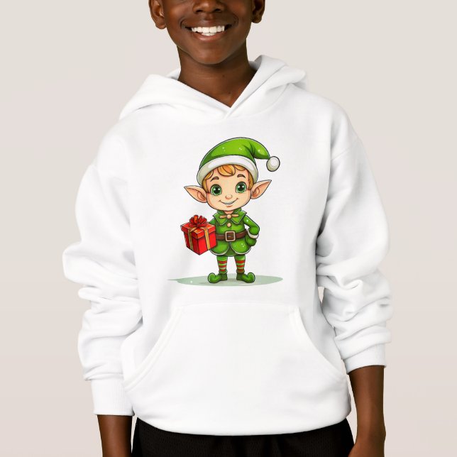 Cute Christmas Elf with Gift – Holiday Hoodie T Shirt (Framsida)