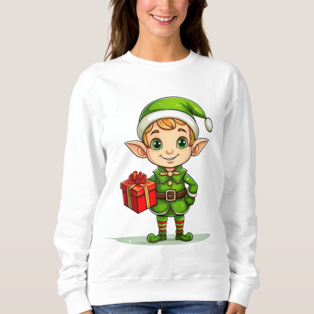 Cute Christmas Elf with Gift – Holiday Sweatshirt  T Shirt (Framsida)
