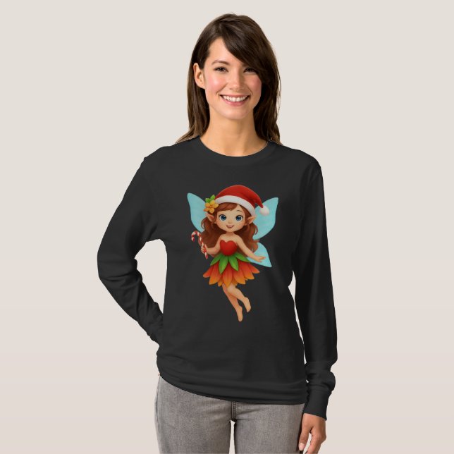 Cute Christmas Fairy Illustration Adorable Holiday T Shirt (Hel framsida)