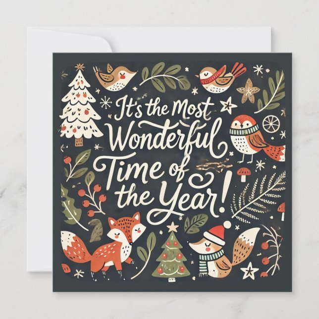 Cute Christmas forest robins and foxes Holiday Car Julkort (Framsida)