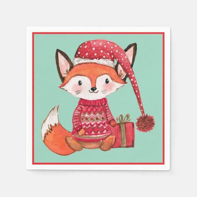 Cute christmas fox in cozy sweater pappersservett (Framsidan)