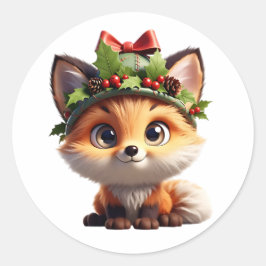 Cute Christmas Fox with Holly Berry Hat Classic Ro Runt Klistermärke