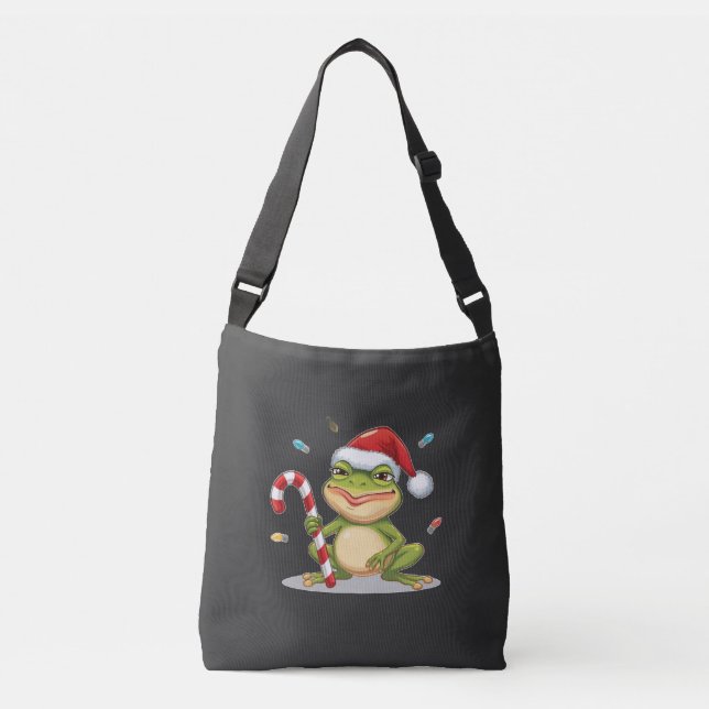 Cute Christmas Frog With Candy Cane - Funny Holida Axelväska (Framsida)