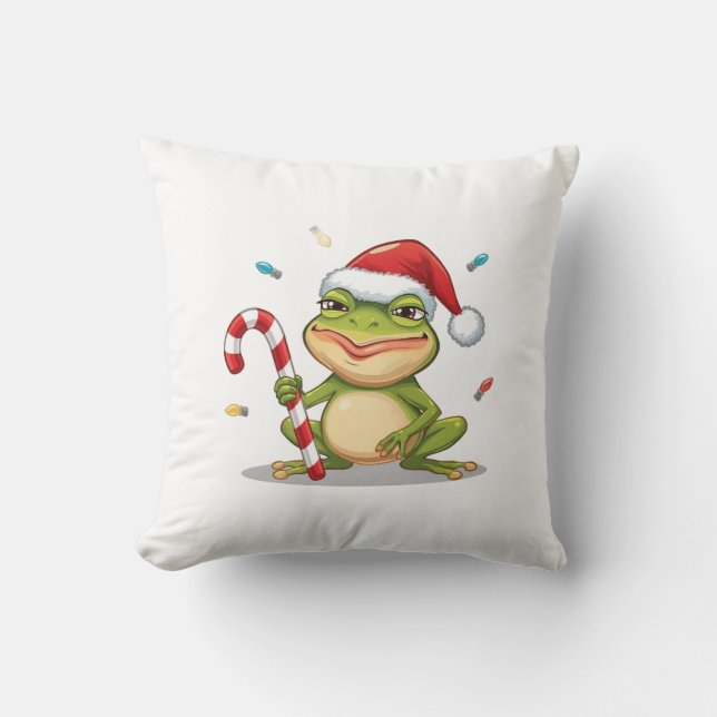 Cute Christmas Frog With Candy Cane - Funny Holida Kudde (Framsida)