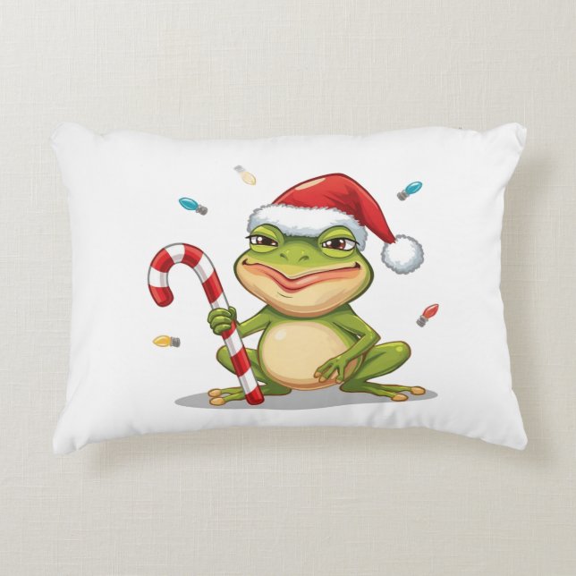 Cute Christmas Frog With Candy Cane - Funny Holida Prydnadskudde (Framsidan)