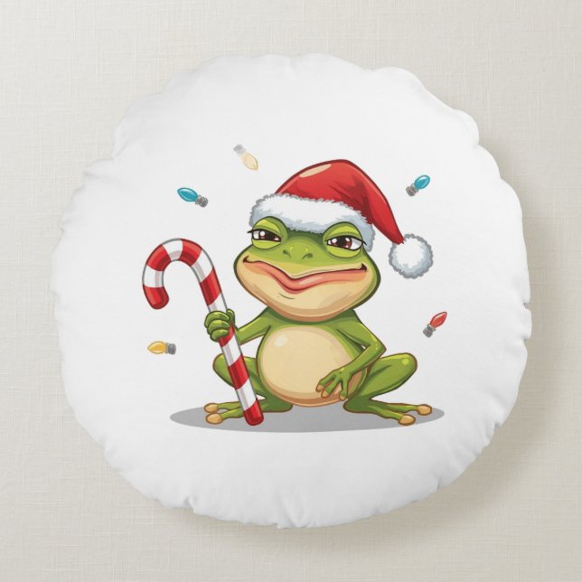 Cute Christmas Frog With Candy Cane - Funny Holida Rund Kudde (Framsidan)