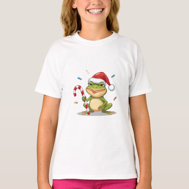 Cute Christmas Frog With Candy Cane - Funny Holida T Shirt (Framsida)