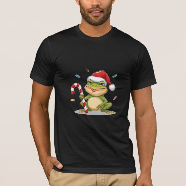 Cute Christmas Frog With Candy Cane - Funny Holida T Shirt (Framsida)