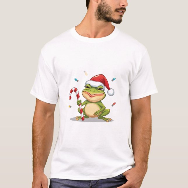 Cute Christmas Frog With Candy Cane - Funny Holida T Shirt (Framsida)