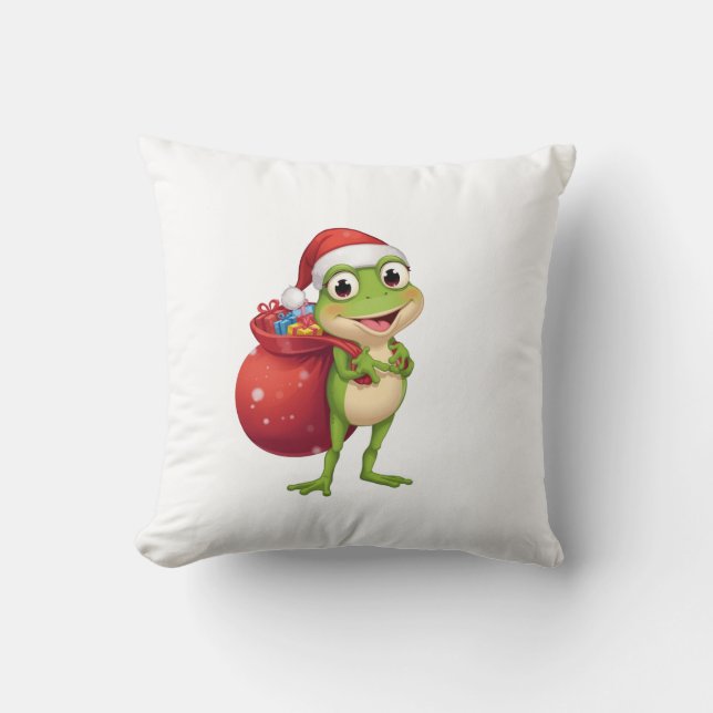 Cute Christmas Frog with Gift Bag - Santa Frog Hol Kudde (Framsida)