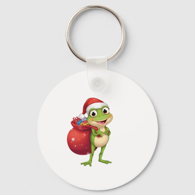 Cute Christmas Frog with Gift Bag - Santa Frog Hol Nyckelring (Framsida)