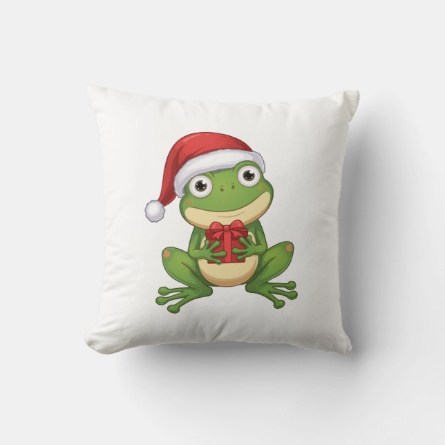 Cute Christmas Frog with Santa Hat and Gift |  Fun Kudde (Framsida)