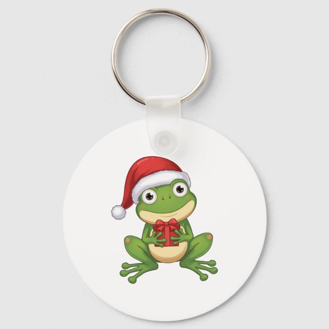 Cute Christmas Frog with Santa Hat and Gift |  Fun Nyckelring (Framsida)