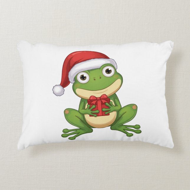 Cute Christmas Frog with Santa Hat and Gift |  Fun Prydnadskudde (Framsidan)