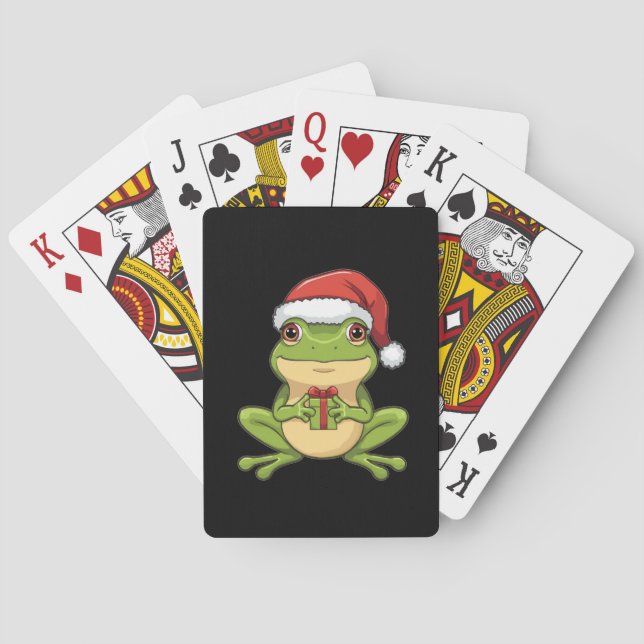 Cute Christmas Frog with Santa Hat Holding  Gift - Casinokort (Baksidan)