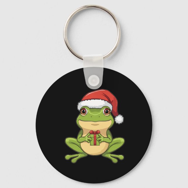 Cute Christmas Frog with Santa Hat Holding  Gift - Nyckelring (Framsida)